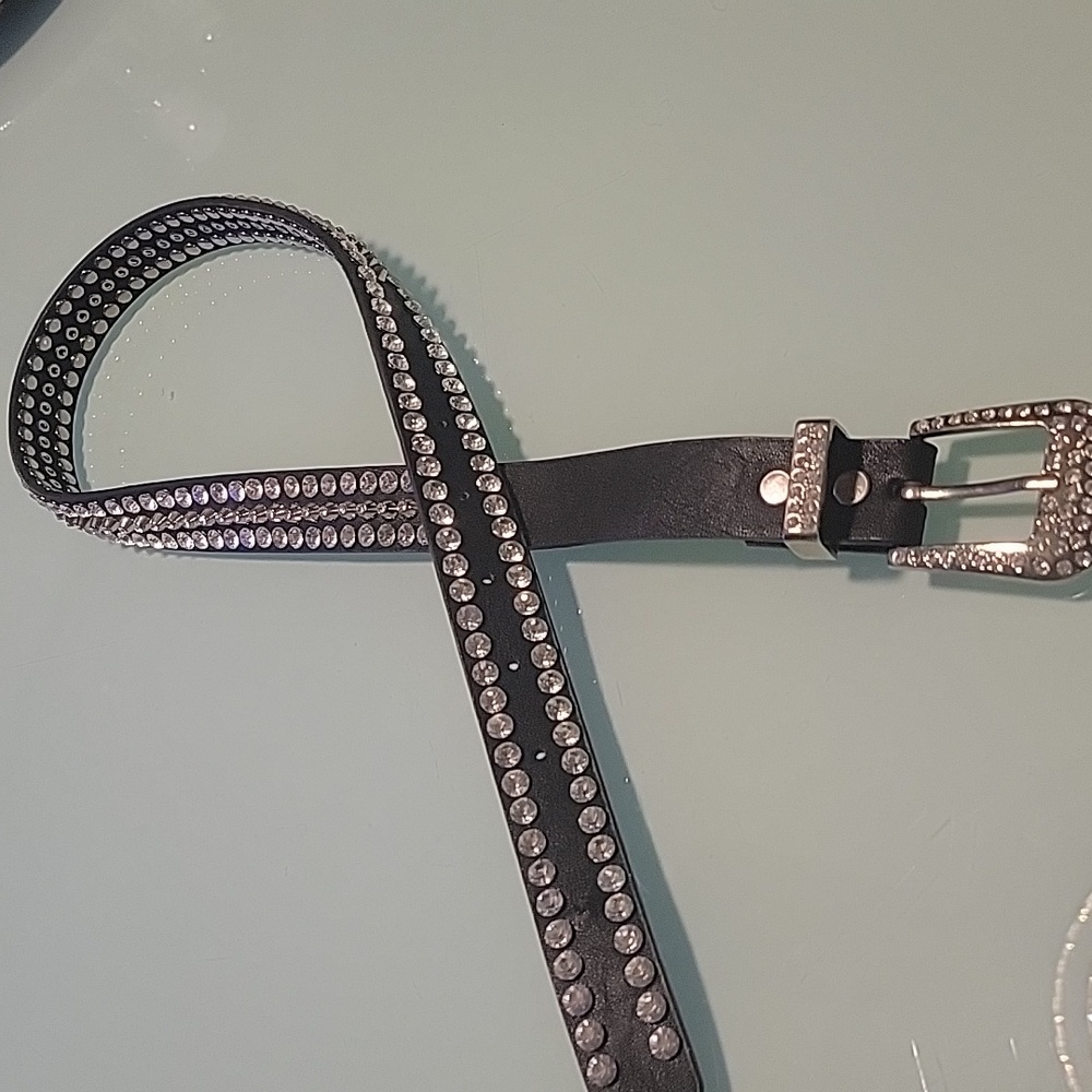 MMS Design studio. 'Diamond'/'rhinestone' studded black leather belt. Med.